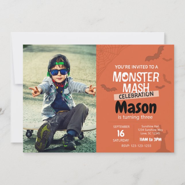 Convite Monster Mash Birthday Conite com foto (laranja) (Frente)