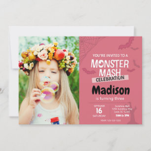 Convite Monster Mash Birthday Conite com foto (rosa)