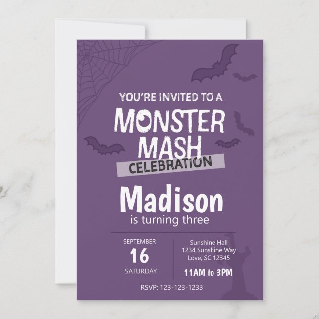 Convite Monster Mash Halloween Aniversário Convidado (roxo (Frente)