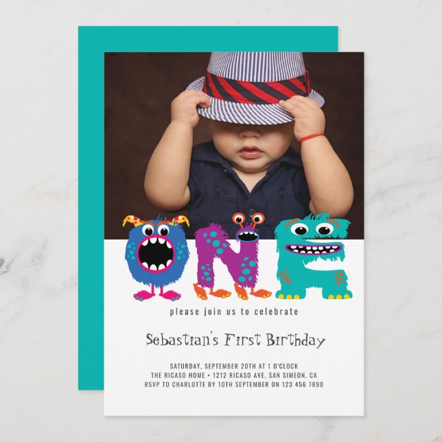 Convite Monster Text First Birthday Foto Personalizada (Frente/Verso)