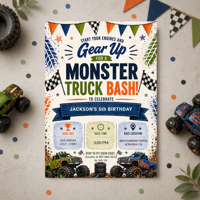 Convite Monster Truck 4th Boys Birthday (Criador carregado)