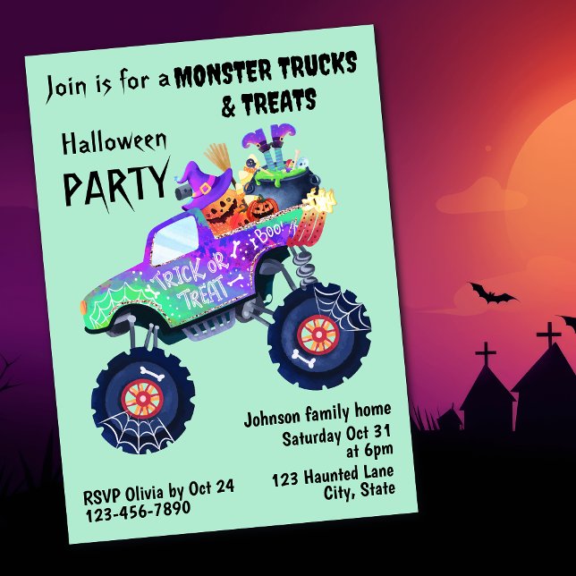Convite Monster Truck And Treats Halloween Party  (Criador carregado)