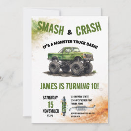 Convite Monster Truck Aquarela de Aniversário Smash & Cras