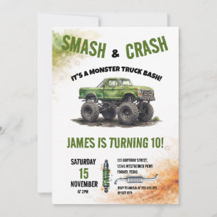 Convite Monster Truck Aquarela de Aniversário Smash & Cras