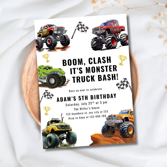 Convite Monster Truck Bash Birthday For Boys Race Car  (Criador carregado)