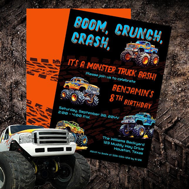 Convite Monster Truck Bash Boy 8th Festa de aniversário ("Boom, Crunch, Crash, It's A Monster Truck Bash" Boy's 8th Birthday Party Invitation)