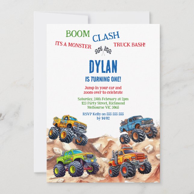 Convite Monster Truck Bash Boy Birthday Invitation (Frente)