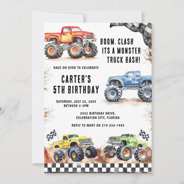 Convite Monster Truck Bash Boy Birthday Invitation (Frente)