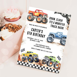 Convite Monster Truck Bash Boy Birthday Invitation