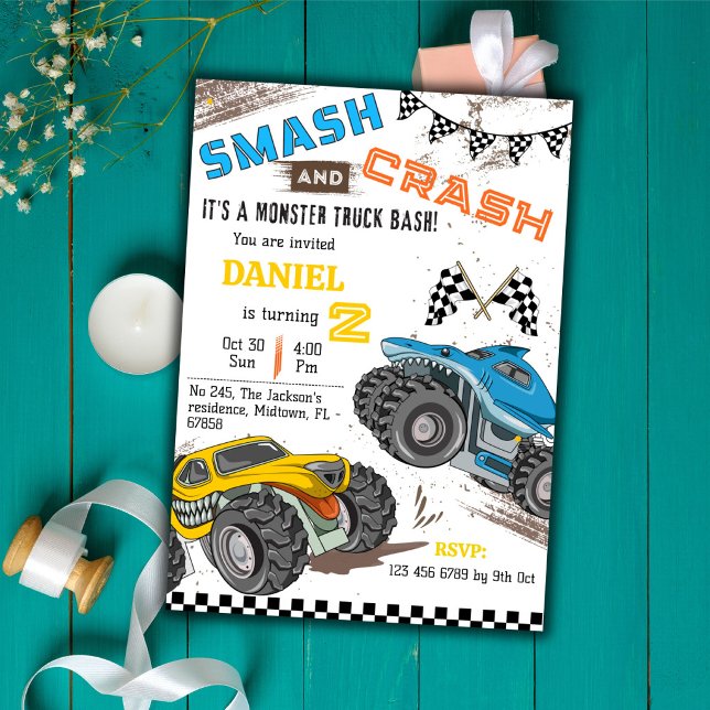 Convite Monster truck bash cool modern kid 2nd birthday (Criador carregado)