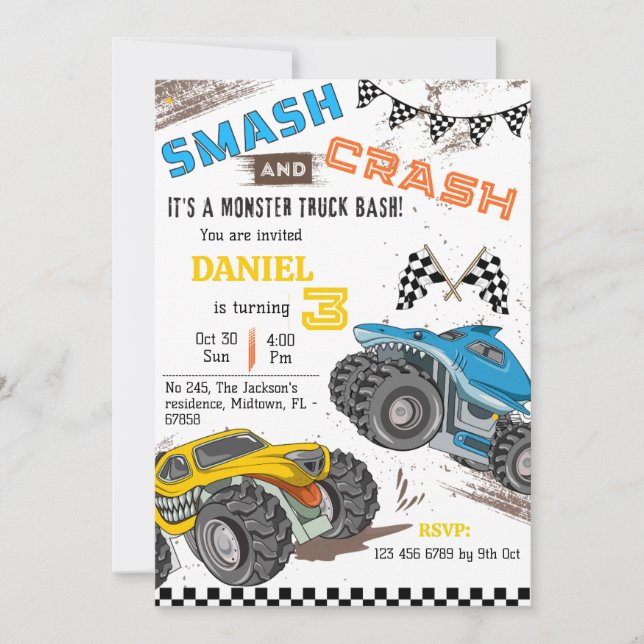 Convite Monster truck bash cool modern kid 3rd birthday (Frente)
