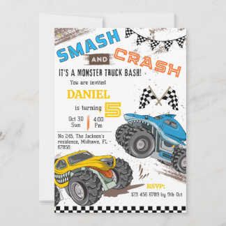 Convite Monster truck bash cool modern kid 5th birthday