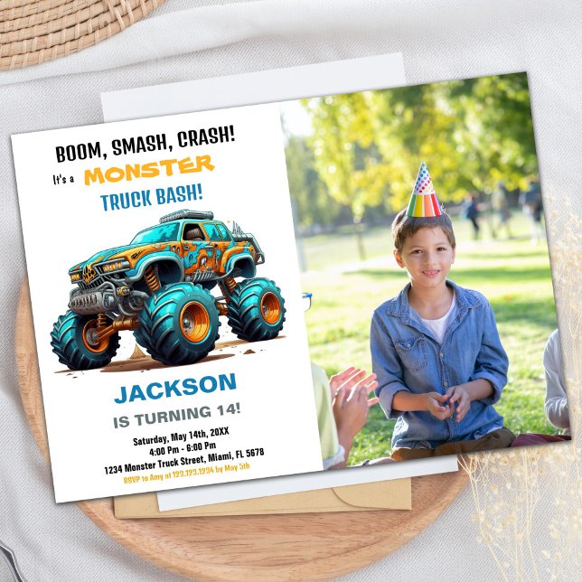 Convite Monster Truck Birthday Convida Foto Verde (onster Truck Birthday Invitations Green Photo)