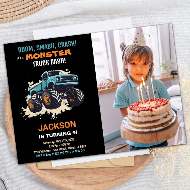 Convite Monster Truck Birthday Invances Black w foto (Monster Truck Birthday Invitations Black w photo)