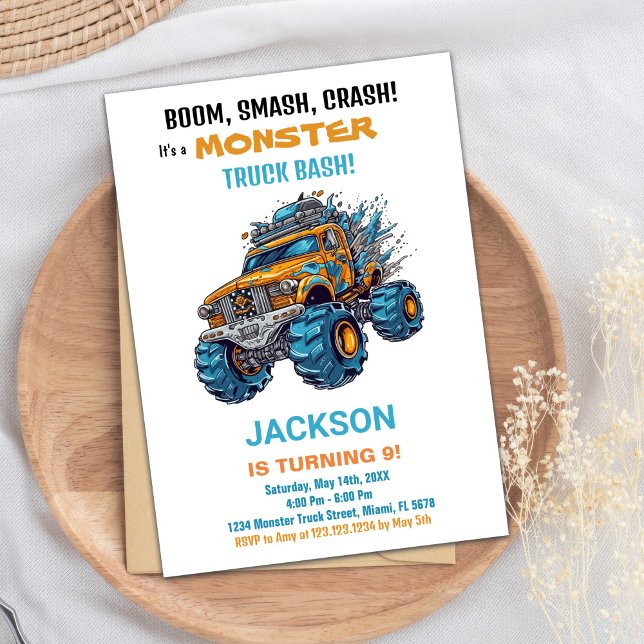 Convite Monster Truck Birthday Invances Blue (Monster Truck Birthday Invitations Blue)