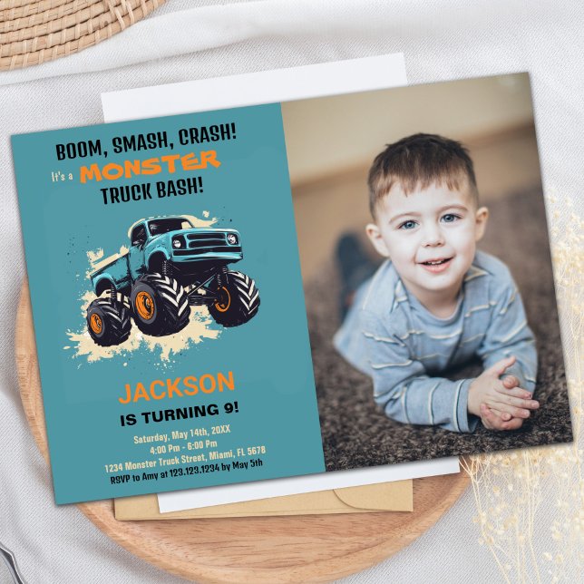 Convite Monster Truck Birthday Invances Blue Photo (Monster Truck Birthday Invitations Blue photo)