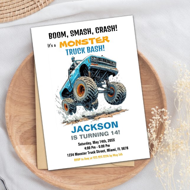 Convite Monster Truck Birthday Invances Blue White (Monster Truck Birthday Invitations Blue White)