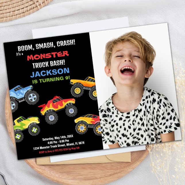Convite Monster Truck Birthday Invances com foto (Monster Truck Birthday Invitations with photo)