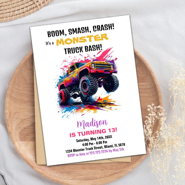 Convite Monster Truck Birthday Invances Rosa (Monster Truck Birthday Invitations Pink)