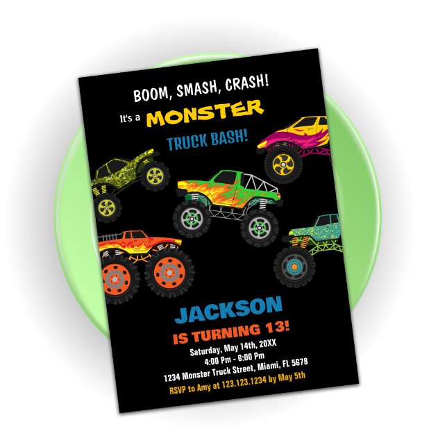 Convite Monster Truck Birthday Invices Cores Pretos (Monster Truck Birthday Invitations Colours Black)