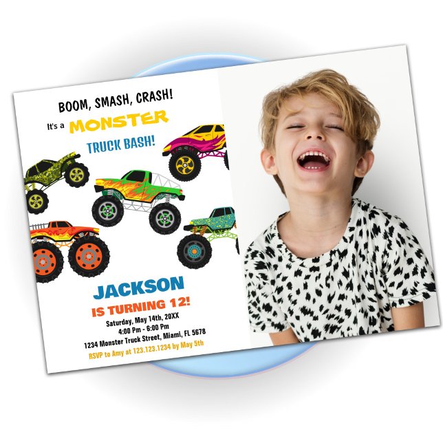 Convite Monster Truck Birthday Invices Cores w Foto (Monster Truck Birthday Invitations Colours w Photo)