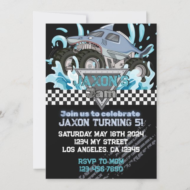 Convite Monster Truck Birthday Invitation-Blue Shark (Frente)
