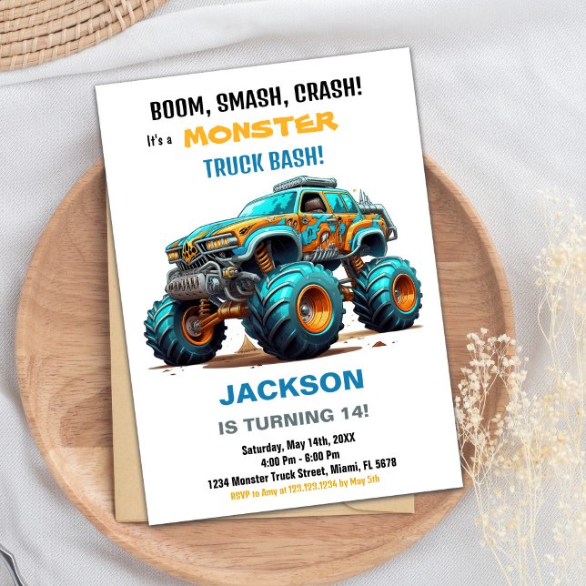 Convite Monster Truck Birthday Invoca Azul Verde (Monster Truck Birthday Invitations Green Blue)