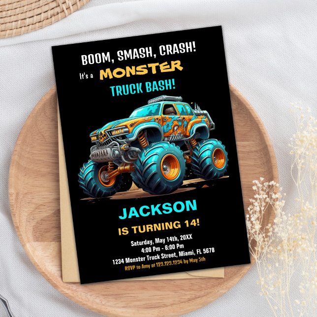 Convite Monster Truck Birthday Invoca Azul Verde (Monster Truck Birthday Invitations Green Blue)