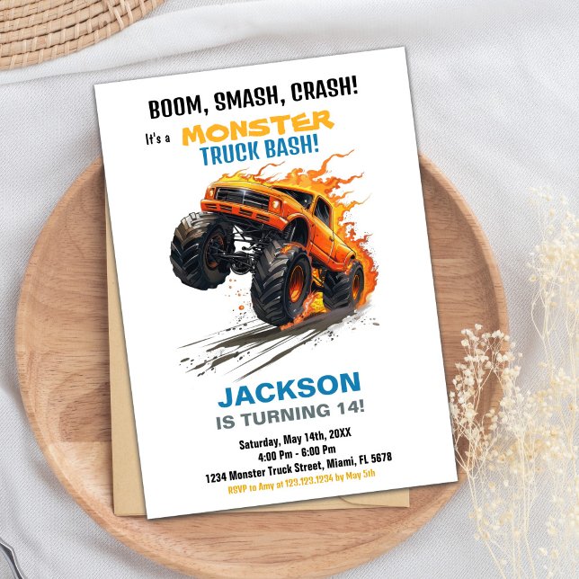 Convite Monster Truck Birthday Invoca Azul Verde (Monster Truck Birthday Invitations Green Blue)