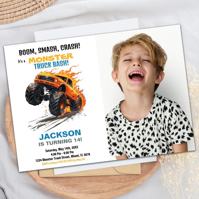 Convite Monster Truck Birthday Invoca Foto Azul (Monster Truck Birthday Invitations Blue Photo)