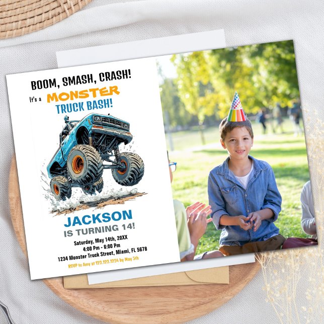 Convite Monster Truck Birthday Invoca Foto Azul (Monster Truck Birthday Invitations Blue Photo)