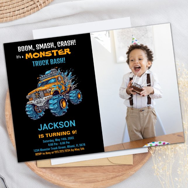 Convite Monster Truck Birthday Invoca Foto Azul (Monster Truck Birthday Invitations Blue Photo)
