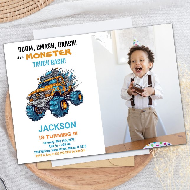 Convite Monster Truck Birthday Invoca Foto Azul (Monster Truck Birthday Invitations Blue Photo)