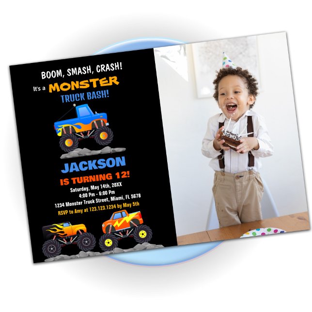 Convite Monster Truck Birthday Invoca Foto Negra (Monster Truck Birthday Invitations Black Photo)