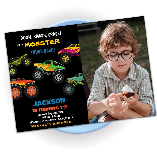 Convite Monster Truck Birthday Invoca Foto Negra (Monster Truck Birthday Invitations Black Photo)