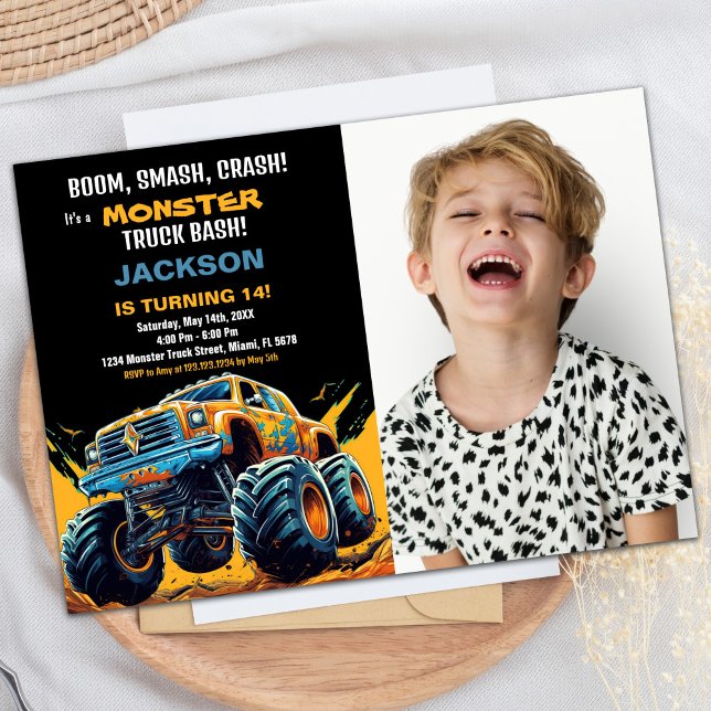 Convite Monster Truck Birthday Invtions Foto Amarelo (Monster Truck Birthday Invitations Photo Yellow)