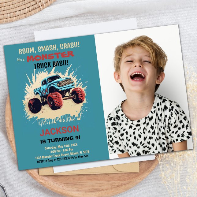 Convite Monster Truck Birthday Invtions Green w Foto (Monster Truck Birthday Invitations Green w Photo)