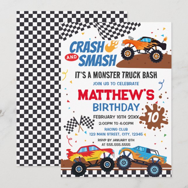 Convite Monster Truck Birthday Party Invitation (Frente/Verso)