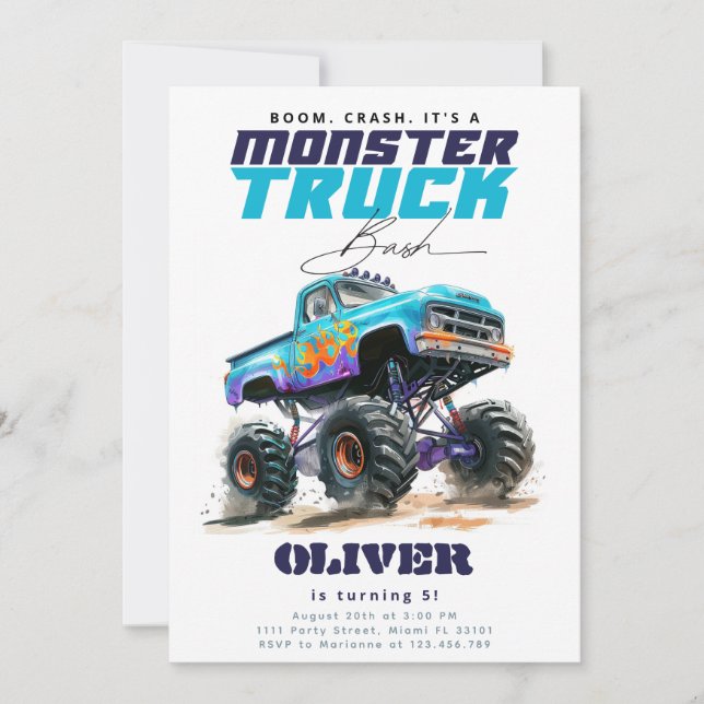 Convite Monster Truck Blue Birthday (Frente)