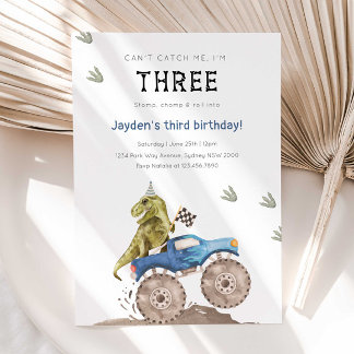 Convite Monster Truck & Dinosaur aniversário de 3 anos Par