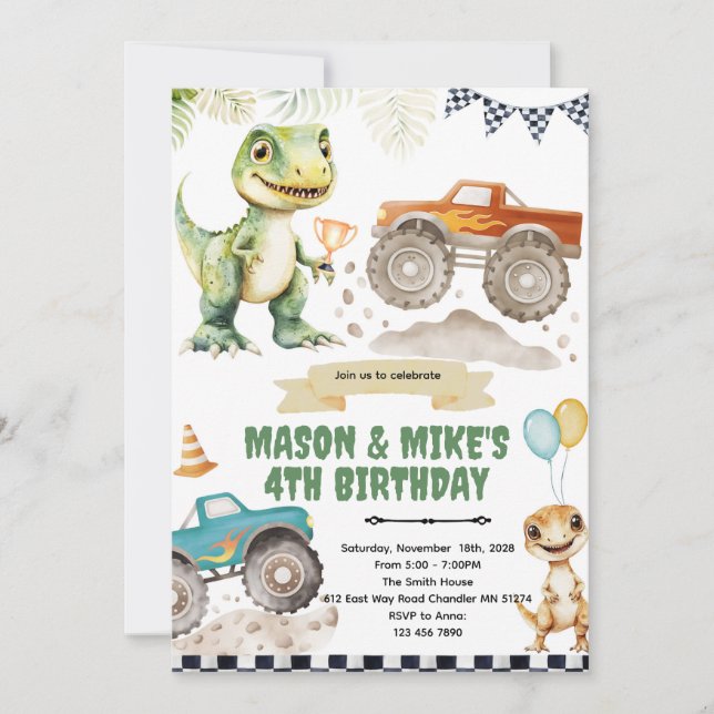 Convite Monster truck dinosaur theme invitation (Frente)