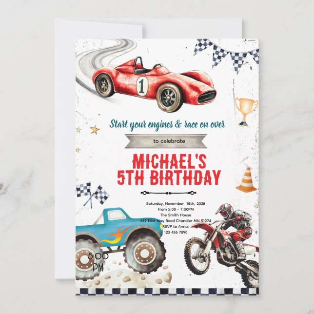 Convite Monster truck Dirt Bikes and race car theme invite (Frente)