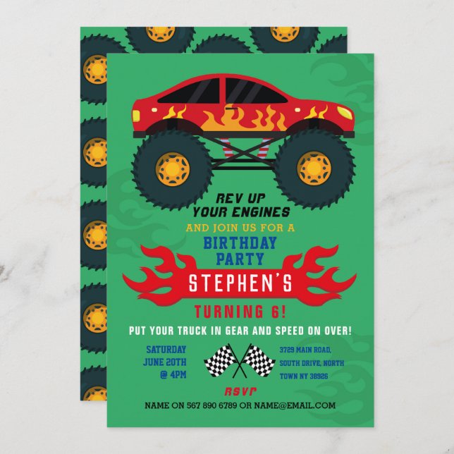 Convite Monster Truck Festa de aniversário Chama Grande Co (Frente/Verso)