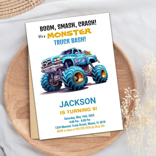 Convite Monster Truck Invances Birthday Laranja Azul (Monster Truck Birthday Invitations Orange Blue)
