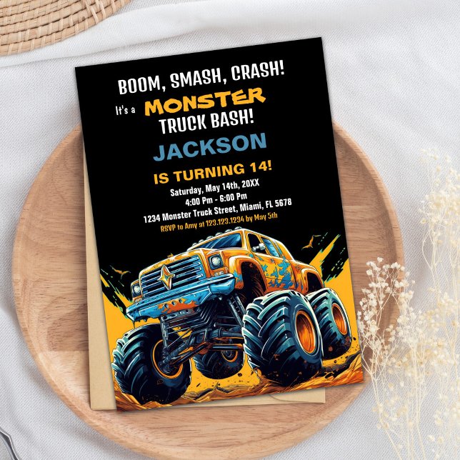 Convite Monster Truck Invances Birthday Laranja BC (Monster Truck Birthday Invitations Orange BC)