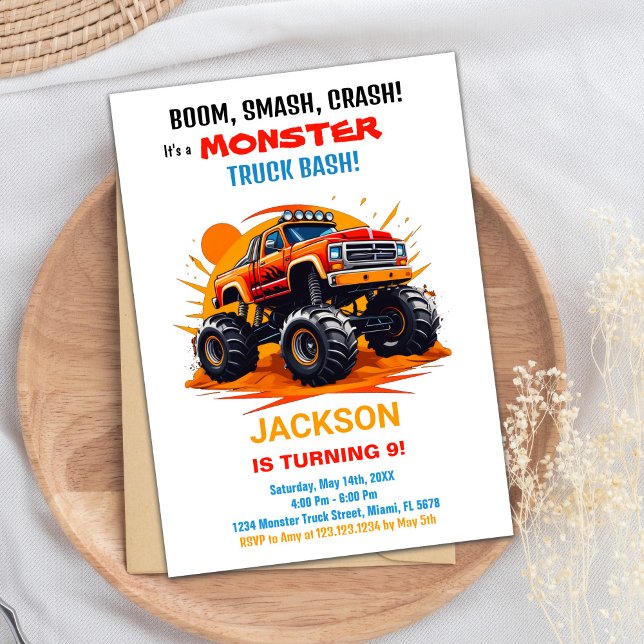 Convite Monster Truck Invances Birthday Laranja White (Monster Truck Birthday Invitations Orange White)