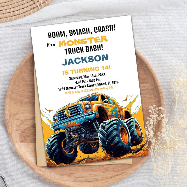 Convite Monster Truck Invances Birthday Orange (Monster Truck Birthday Invitations Orange)