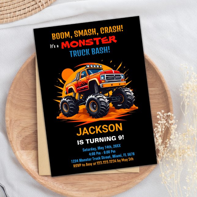 Convite Monster Truck Invances Birthday Orange (Monster Truck Birthday Invitations Orange)