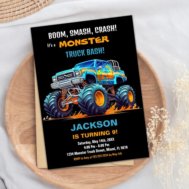 Convite Monster Truck Invants Birthday Orange Black BC (Monster Truck Birthday Invitations Orange Black BC)