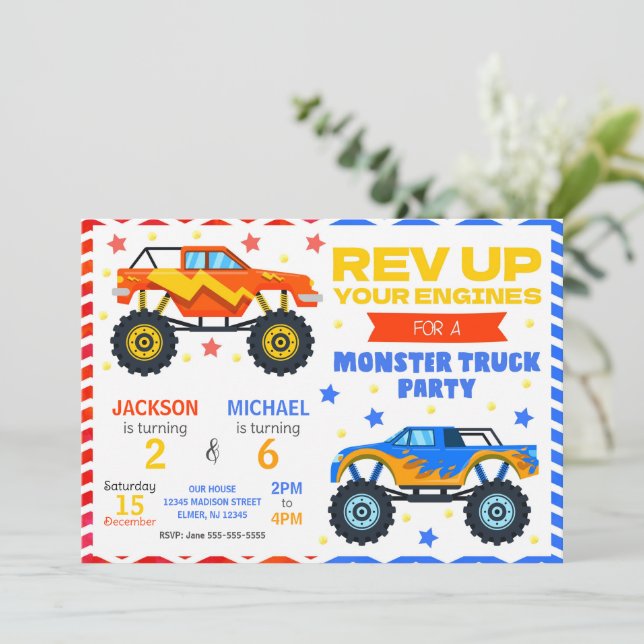 Convite Monster Truck Joint Birthday Invitation Siblings (Em pé/Frente)